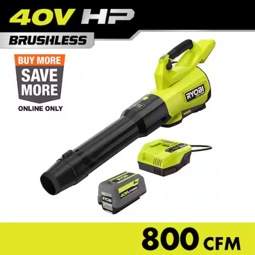 RYOBI 40V HP Brushless Whisper Series 180 MPH 800 CFM Cordless Battery Leaf Blower with 8.0 Ah Battery and Charger Deal