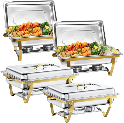 Jacgood 4-Pack 8QT Stainless Steel Rectangle Gold Chafing Dish Buffet Set