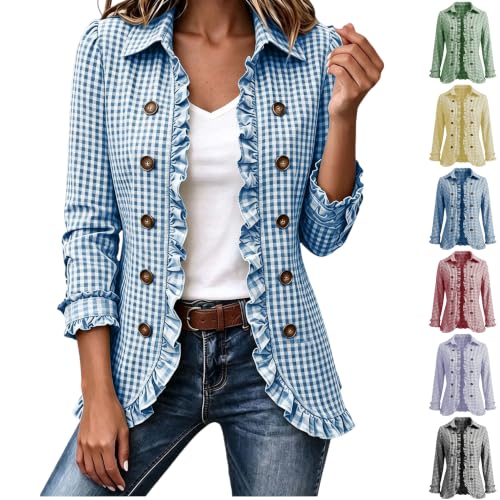 Women's Ruffled Plaid Long Sleeve Blazer