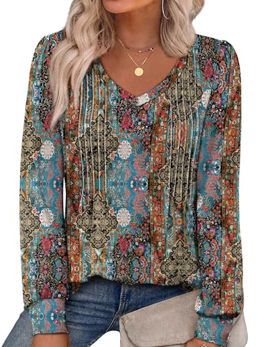 Alaroo Long Sleeve Shirts V Neck Pleated Tunic Print