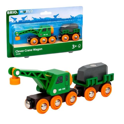 BRIO World 33698 Clever Crane Wagon Set 4 Piece Wooden Toy Train Set