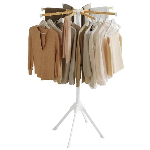 SONGMICS Foldable Clothes Drying Rack with Bamboo Rods (White & Natural) Deal