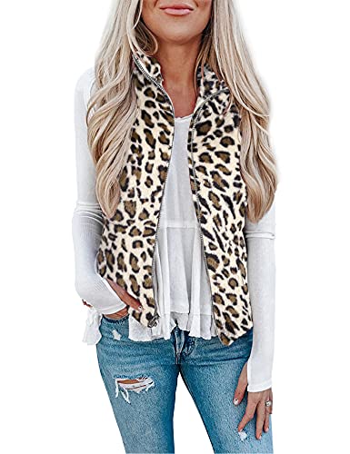 LOMON Women's Leopard Sleeveless Zipper Sherpa Vest Apricot Leopard S Deal