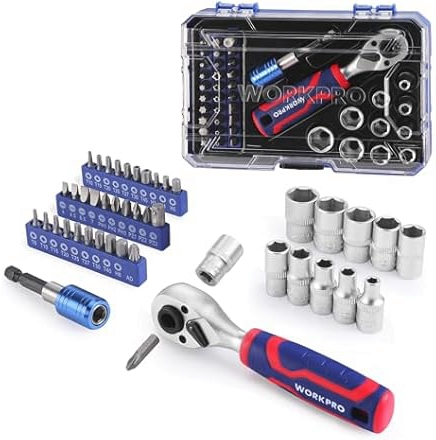 WORKPRO 42 PCS 1/4" Socket Set Metric with Dual Head Stubby Ratchet