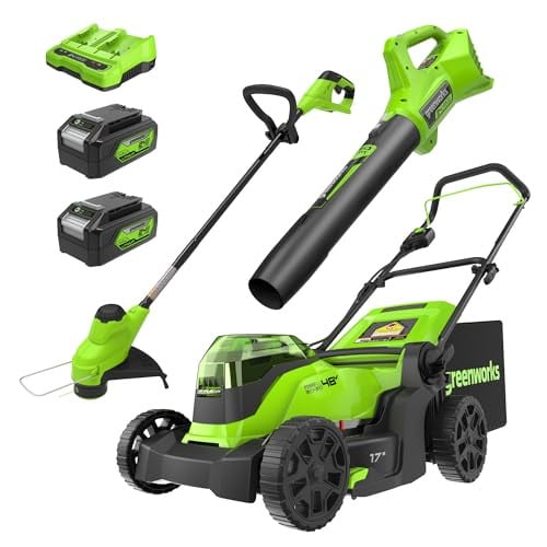 Greenworks 48V 17" Brushless Mower + 12" String Trimmer + 320CFM Blower with (2) 4.0Ah Batteries