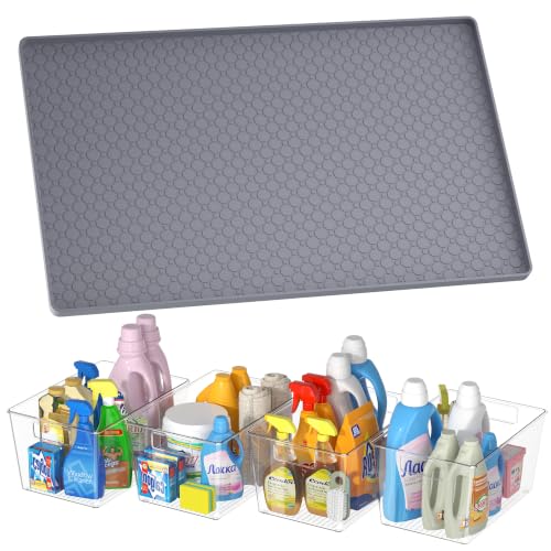 Waterproof Under Sink Mat 34"x22" with 4 Pcs Clear Plastic Storage Bins