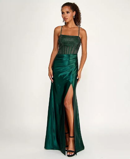 City Studios Juniors' Square-Neck Side-Slit Gown