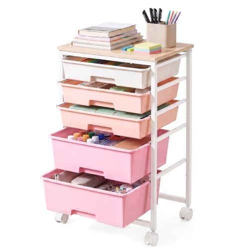 VASAGLE Rolling Cart with 5 Drawers, Pink