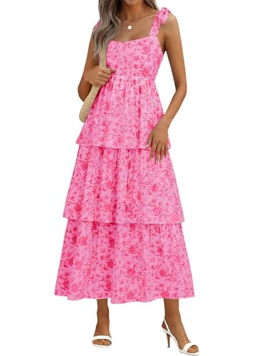Wenrine Womens Summer Floral Maxi Dress Casual Tie Strap Sleeveless Ruffle  Tiered Smocked Loose Boho Beach Dresses Light Pink - $35.99