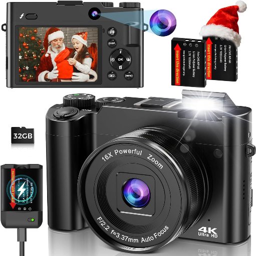 4K Digital Camera 64MP Dual Lens 32GB Card