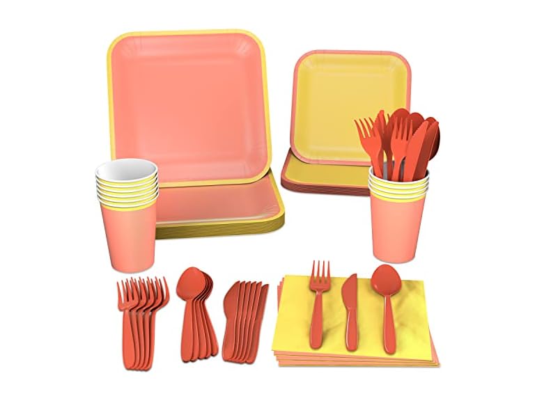 Crayola Color Pop Yellow and Orange Party Supplies, 12-Pack Plates, Cups, Napkins & Cutlery