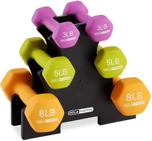 Holahatha 3, 5 and 8 lb Neoprene Dumbbell Strength Training Weight Set with Rack Deal