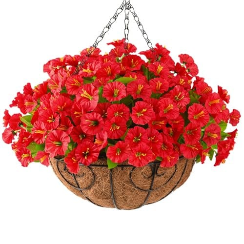 Artificial Hanging Flowers Plants with Basket ROSE RED Deal