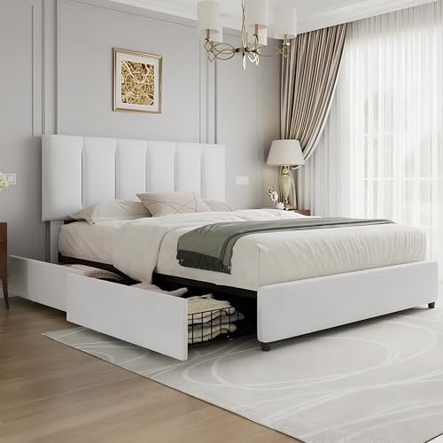 VECELO Queen Size Bed Frame with 4 Storage Drawers in Pure White Deal