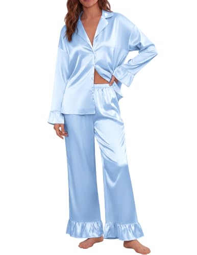 Ekouaer Satin Pajamas for Women Silk Pjs Long Sleeve Lounge Set with Ruffle