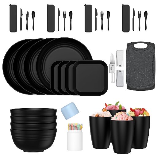 GPED 35 Pieces Wheat Straw Dinnerware Sets for 4, Black