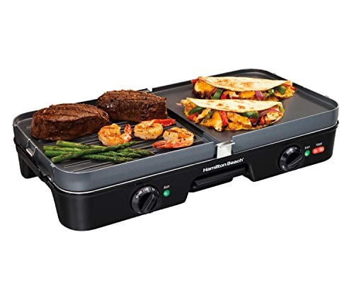 Hamilton Beach 3-in-1 Electric Indoor Grill + Griddle w/ Reversible Nonstick Plates & 2 Adjustable Cooking Zones