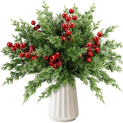 45 PCS Artificial Norfolk Pine Stems with Red Berries Decor