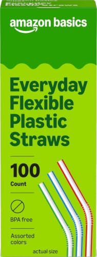 Amazon Basics Disposable Striped Plastic Flex Straws 100-Count