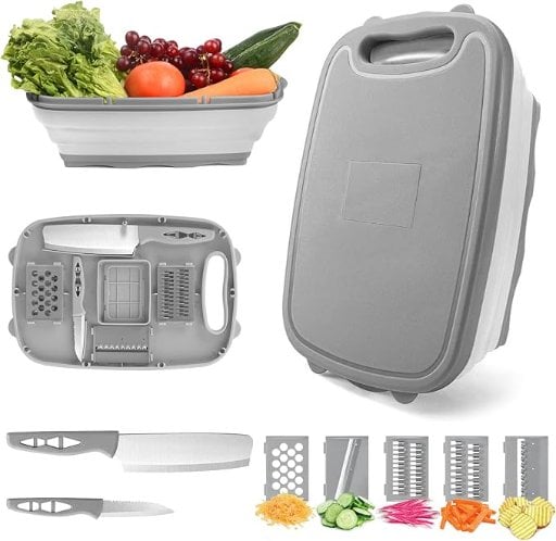 HI NINGER 9-in-1 Collapsible Cutting Board w/ Colander & Grater (Gray) Deal