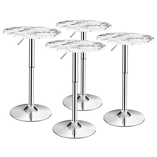 Giantex Round Pub Adjustable Height Tables with Sliver Leg and Base (White Marbled) 4-Pack