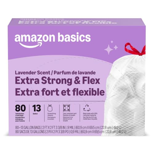 Amazon Basics Ultra-Force Tall Kitchen Drawstring Trash Bags, Lavender Scented, 13 Gallon, 80 Count