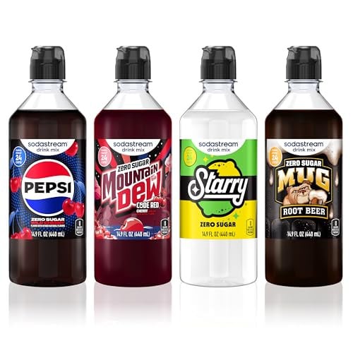 SodaStream New Pour Bottle Variety Pack, Pepsi Wild Cherry Zero, Code Red Zero, Starry Zero & Mug Root Zero (Pack of 4) Deal