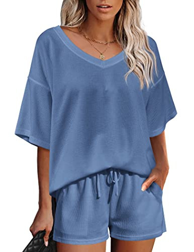 Ekouaer Womens 2 Piece Short Sleeve Waffle Knit Outfits