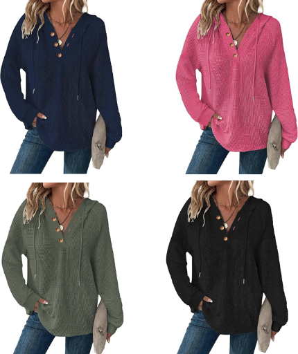 Dimur Waffle Knit V Neck Oversized Drawstring Hoodie