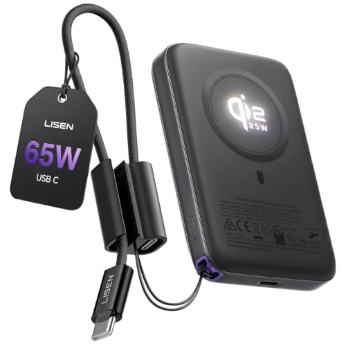 LISEN 10000mAh Qi2.2 25W Magnetic Wireless Power Bank for iPhone w/ 65W USB-C Charging
