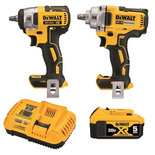 DEWALT 20V MAX Impact Wrench Cordless 2-Tool Combo Kit 1/2-Inch Mid-Range and 3/8-inch Compact with 5ah Battery and Charger