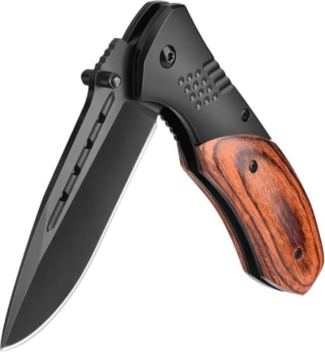 Pocket Knife for Men, Wood Handle, Black Liner Lock