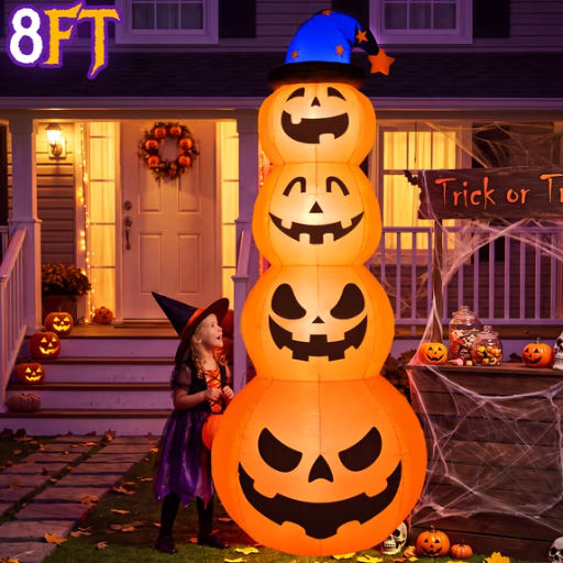 Qunler 8ft Halloween Pumpkin Stack Inflatable Decoration with Witch Hat