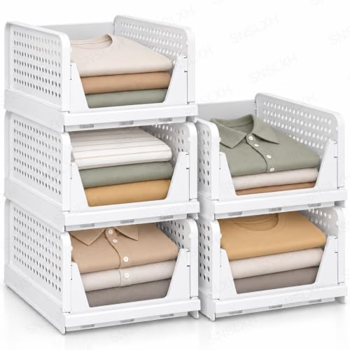 SNSLXH Stackable Multifunctional & Foldable Closet Storage Basket 5-Pack