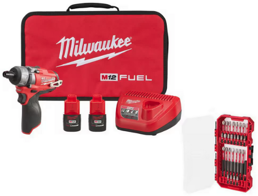Milwaukee M12 FUEL 12V 1/4 in. Hex 2-Speed Screwdriver Kit w/ (2) 2.0Ah Batteries, Case with 28-Pc SHOCKWAVE Set