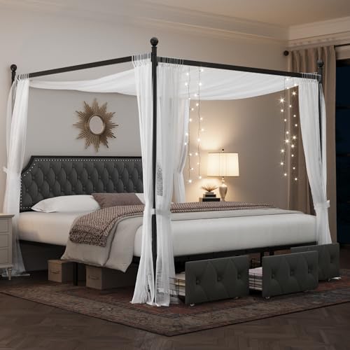 Keyluv King Upholstered Canopy Bed Frame with 3 Storage Drawers & Button Tufted Headboard Deal