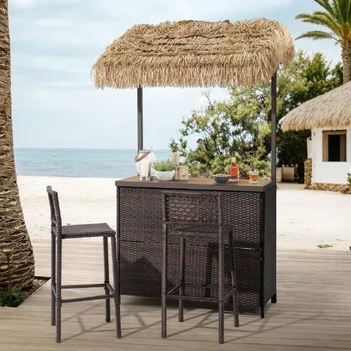 Arlmont & Co. 3-Piece All-Weather Wicker Outdoor Tiki Bar Set w/ 2 Stools and Canopy Deal