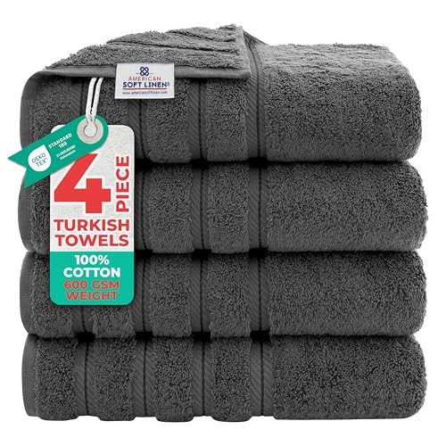American Soft Linen Luxury 4 Piece Bath Towel Set, 600 GSM 100% Cotton Turkish Bath Towels, 27x54 in, Dark Gray
