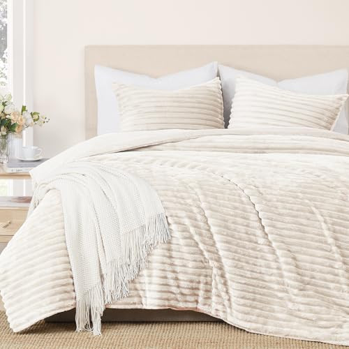 Cream White Fleece Queen Comforter Set - 3 Piece