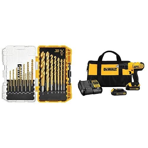 DEWALT 20V Max Cordless Drill / Driver Kit (Compact, 1/2") + Titanium Drill Bit Set Deal