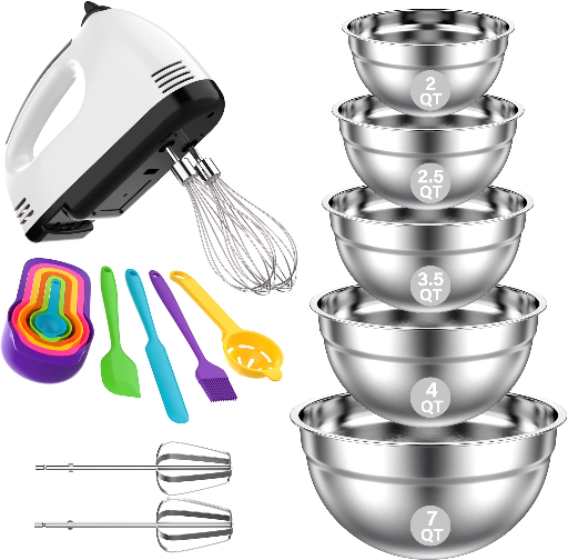 Tinana 7-Seed Electric Hand Mixer w/ 5-Piece Stainless Steel Mixing Bowl Set