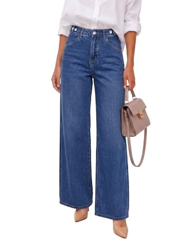 GRAPENT Women's High Waisted Baggy Stretch Wide Leg Jeans (Indigo Skyblue) Deal