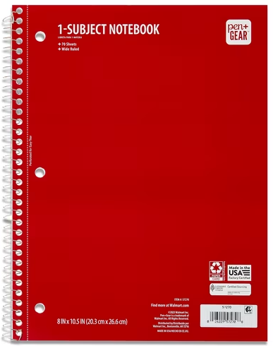 Pen+Gear Wide Rule 1 Subject Notebook, 8" x 10.5", Red, 70 Sheets Deal