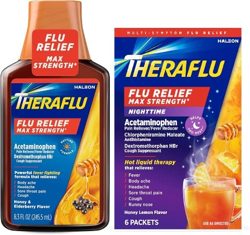 Theraflu Max Strength Daytime Honey & Elderberry Flu Relief Syrup 8.3-Ounce + 6-Count Nighttime Honey Lemon Flu Relief Packets Deal