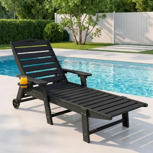 Wood Texture Reclining Lounge Chaise with Wheels & Cup Holder Deal