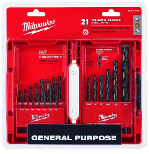 21-Piece Milwaukee Thunderbolt 3-Flat Black Oxide Drill Bit Shank Set