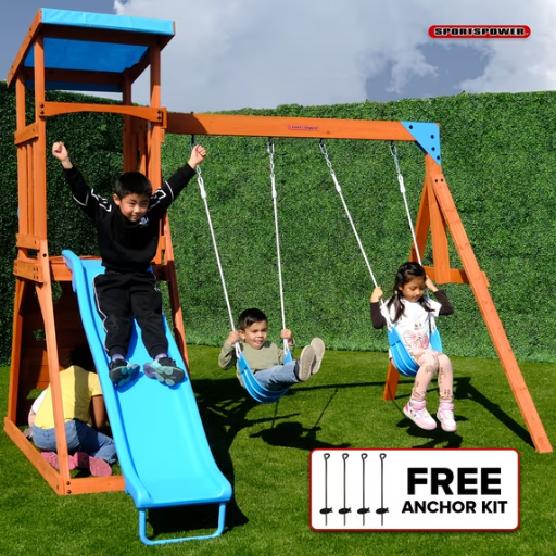 Sportspower Grand Teton Wooden Swing Set with 2 Swings, Play Fort, Sandbox & 6' Slide