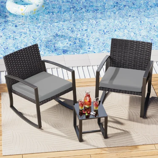 Ebern Designs 3-pc Steel Patio Rocking Chair Bistro Set (Gray)