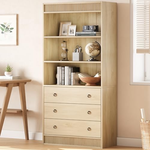 GarveeHome 70.8" Fluted Bookshelf w/ Storage Drawers (Light Wood)
