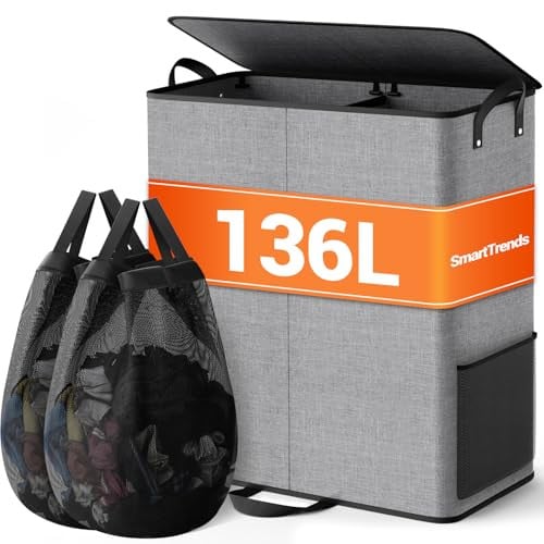 SmartTrends Extra Large Double Laundry Hamper with Lid, Removable Bags & Reinforced Handles, 136L, Gray Deal